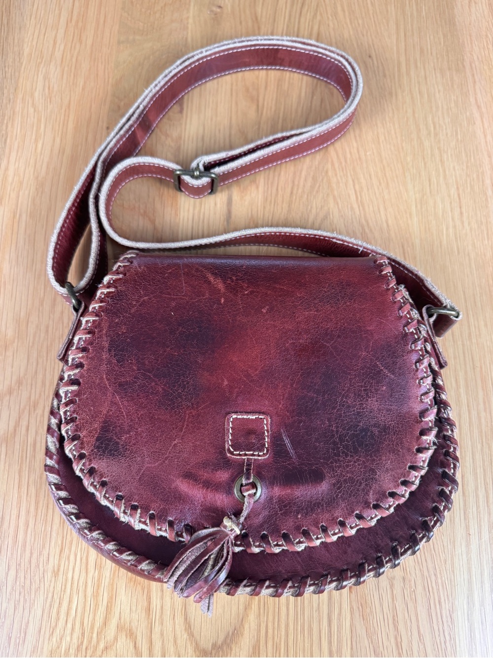 BED|STU Burgundy Whipstitch Leather Crossbody with Tassel Halfmoon - Picture 3 of 9